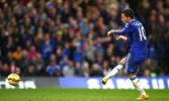 Eden Hazard scores Chelsea's second goal against QPR from a penalty in the Premier League